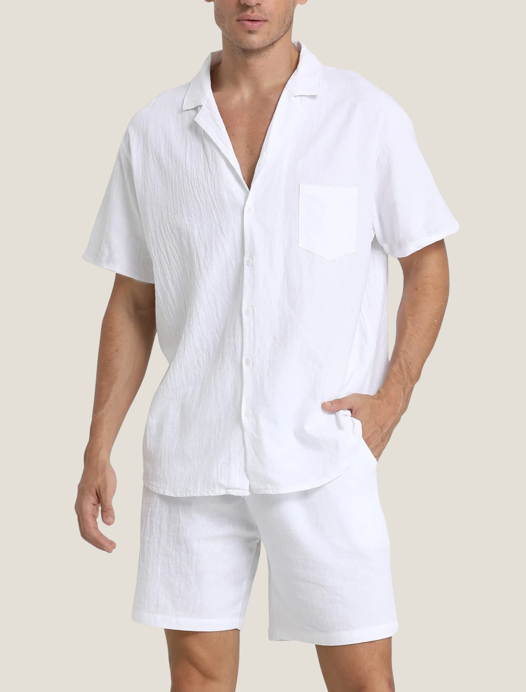 Men’s Lightweight Two Piece Summer Set with Short Sleeve Button Shirt and Drawstring Shorts