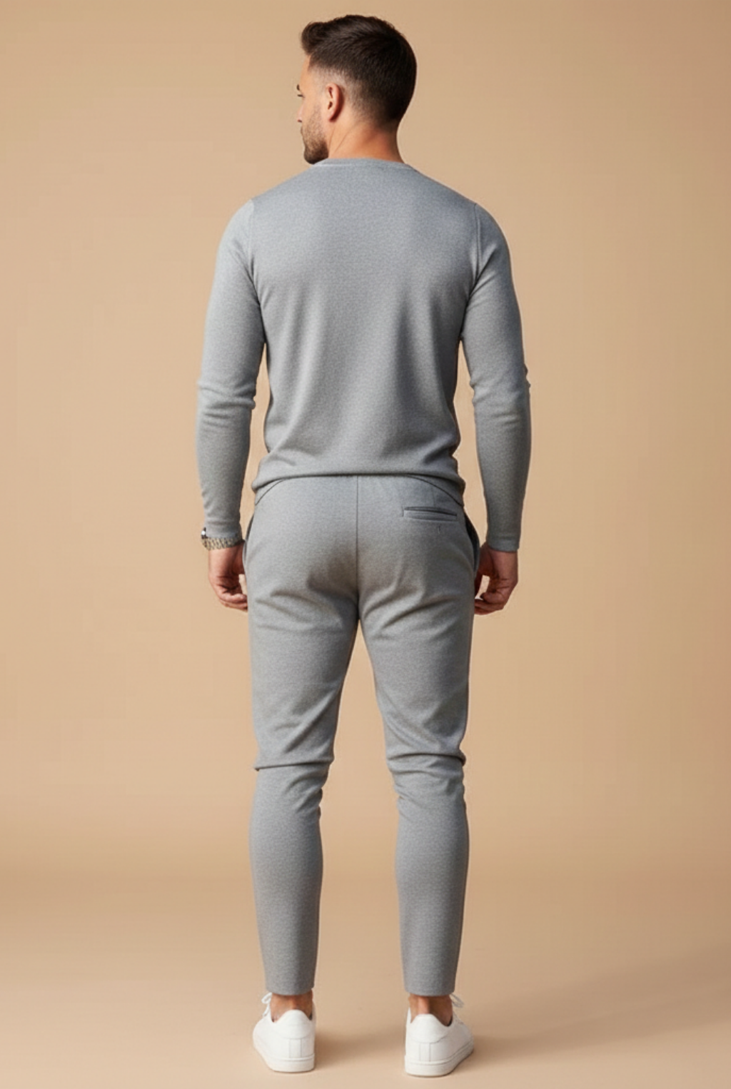 Men's Two Piece Set - Long Sleeve Crewneck Top and Slim Leg Drawstring Trousers - Casual Smart Style