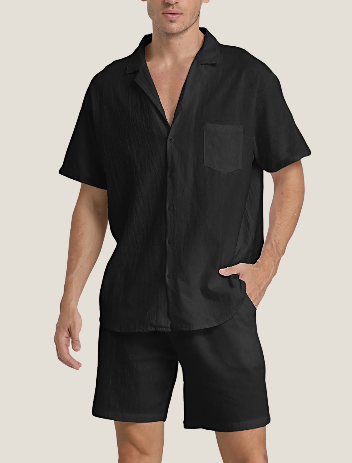 Men’s Lightweight Two Piece Summer Set with Short Sleeve Button Shirt and Drawstring Shorts