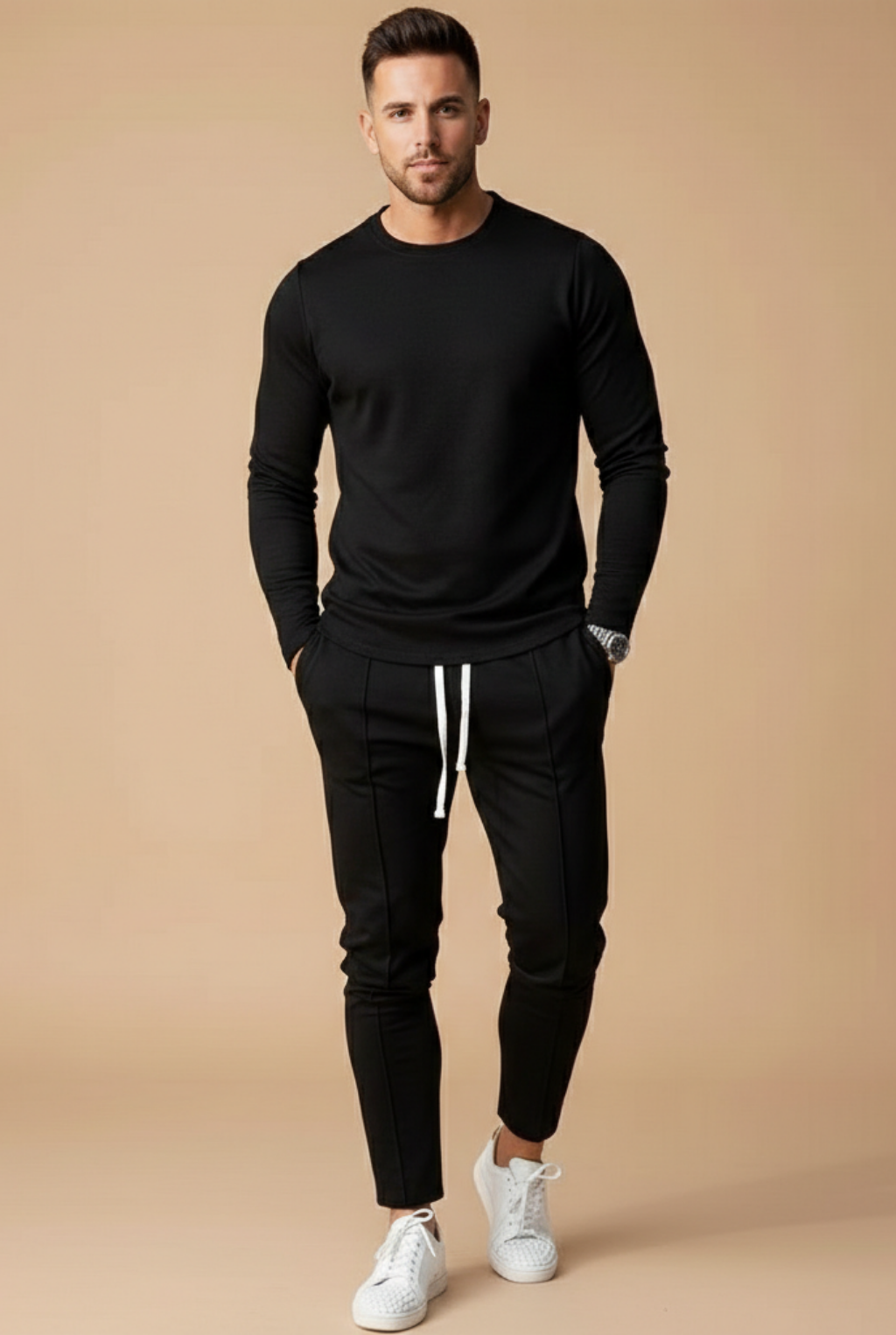 Men's Two Piece Set - Long Sleeve Crewneck Top and Slim Leg Drawstring Trousers - Casual Smart Style