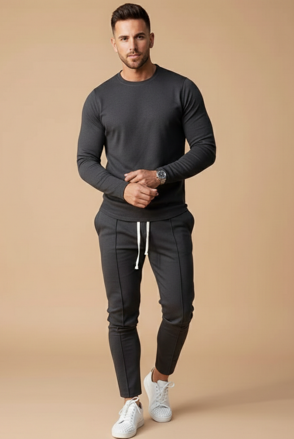 Men's Two Piece Set - Long Sleeve Crewneck Top and Slim Leg Drawstring Trousers - Casual Smart Style
