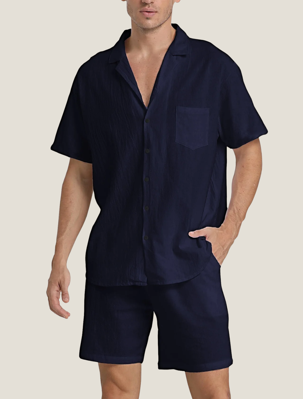 Men’s Lightweight Two Piece Summer Set with Short Sleeve Button Shirt and Drawstring Shorts