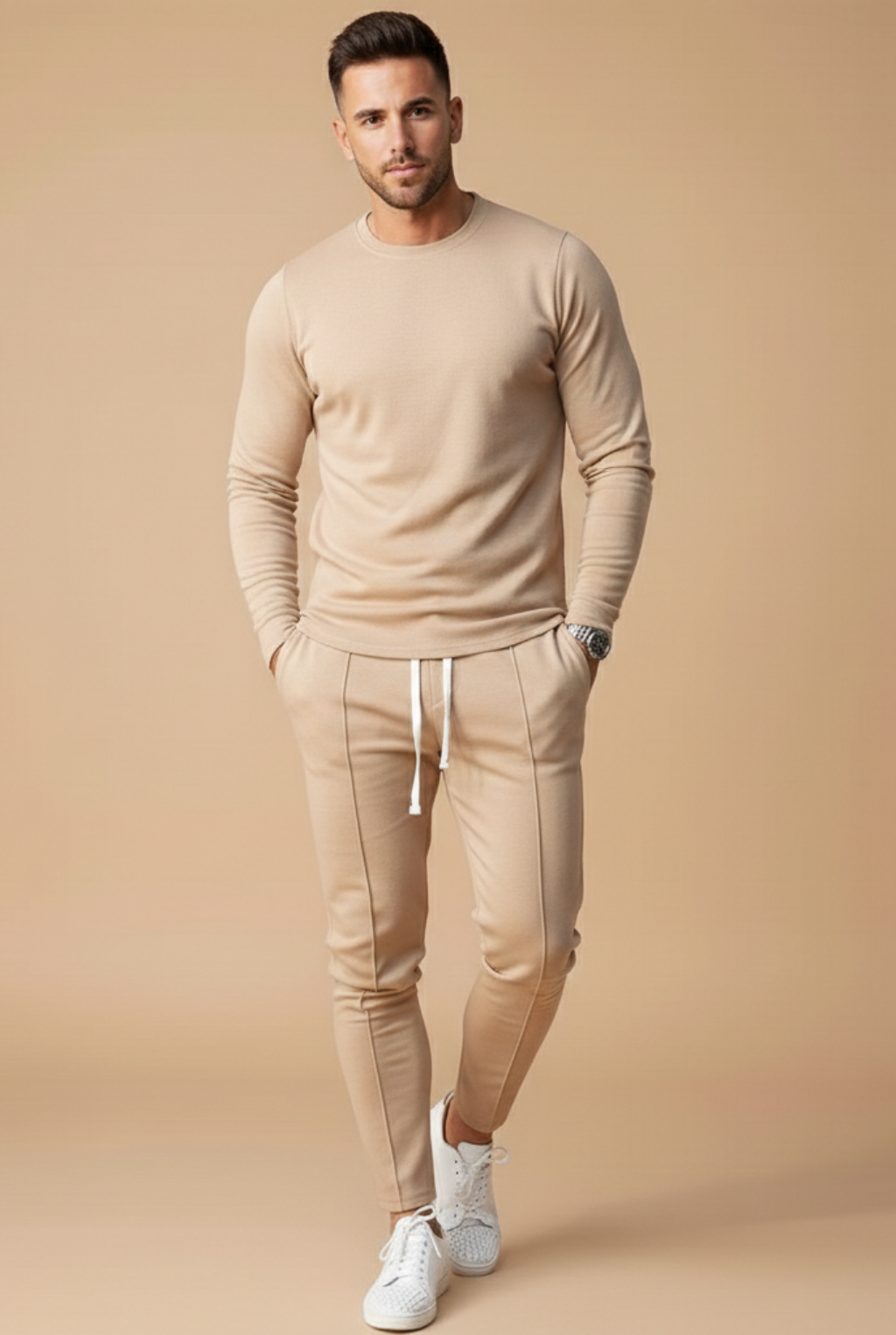Men's Two Piece Set - Long Sleeve Crewneck Top and Slim Leg Drawstring Trousers - Casual Smart Style