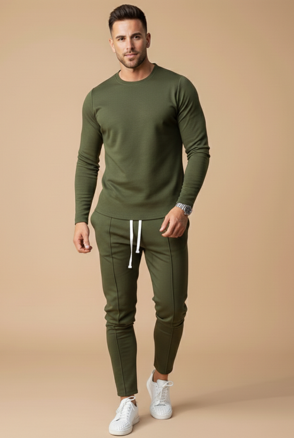 Men's Two Piece Set - Long Sleeve Crewneck Top and Slim Leg Drawstring Trousers - Casual Smart Style
