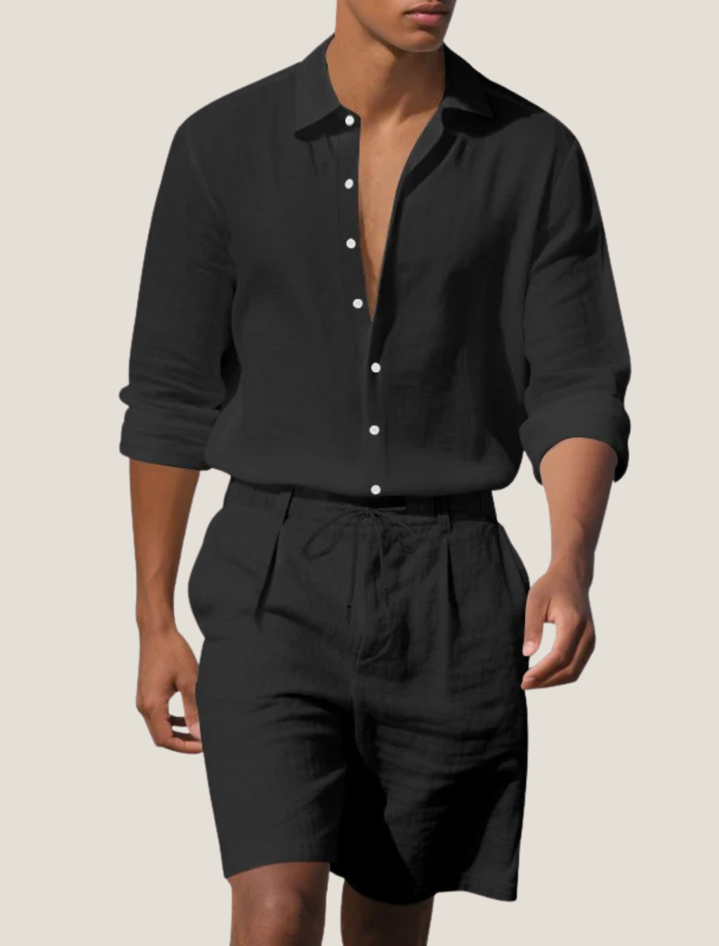 Men’s Linen Beach Two Piece Set with Long Sleeve Button Shirt and Drawstring Shorts