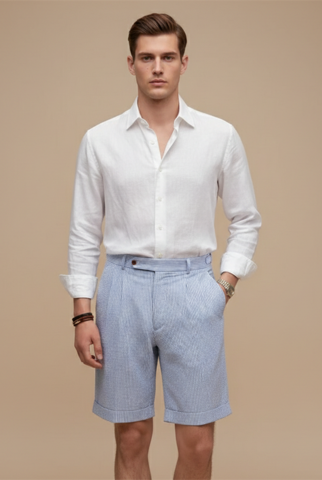 Men's Blue Seersucker Chino Shorts - High-Waist Striped Smart Casual Shorts with Pleat and Turn-Up Hem