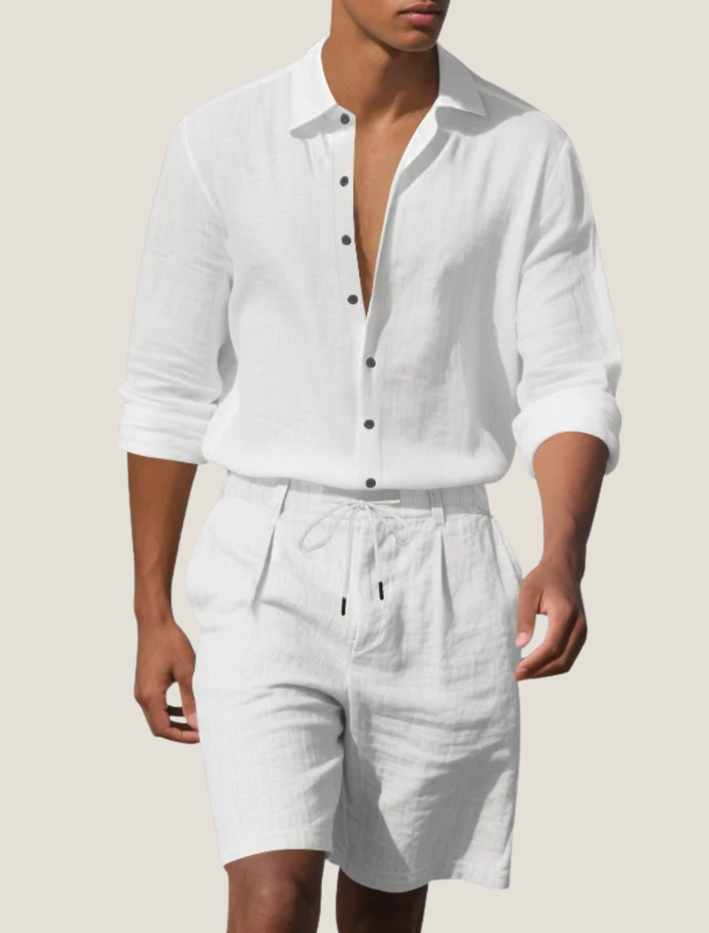 Men’s Linen Beach Two Piece Set with Long Sleeve Button Shirt and Drawstring Shorts