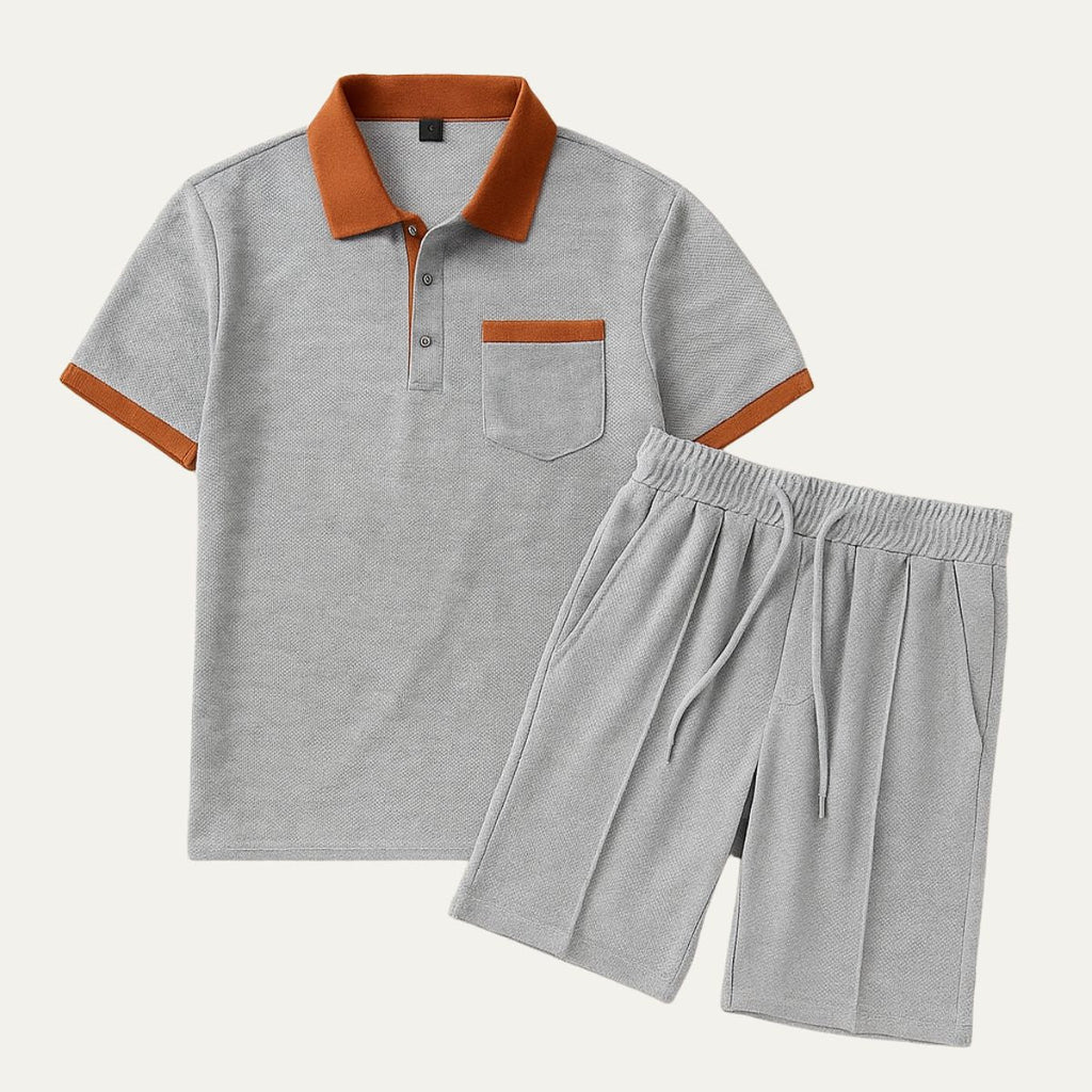 Men's Waffle Texture Short Set - Casual Summer Polo Shirt and Drawstring Shorts with Contrast Trim