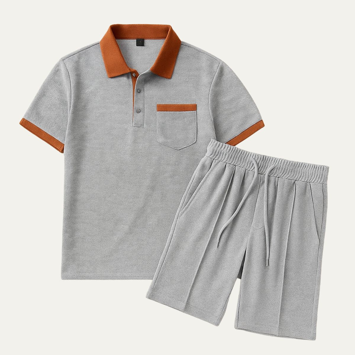 Men's Waffle Texture Short Set - Casual Summer Polo Shirt and Drawstring Shorts with Contrast Trim
