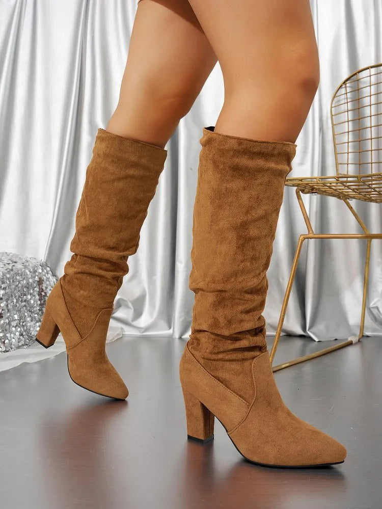 Women's Knee High Boots - Slouch Block Heel Pointed Toe Pull-On Style - Suede Finish