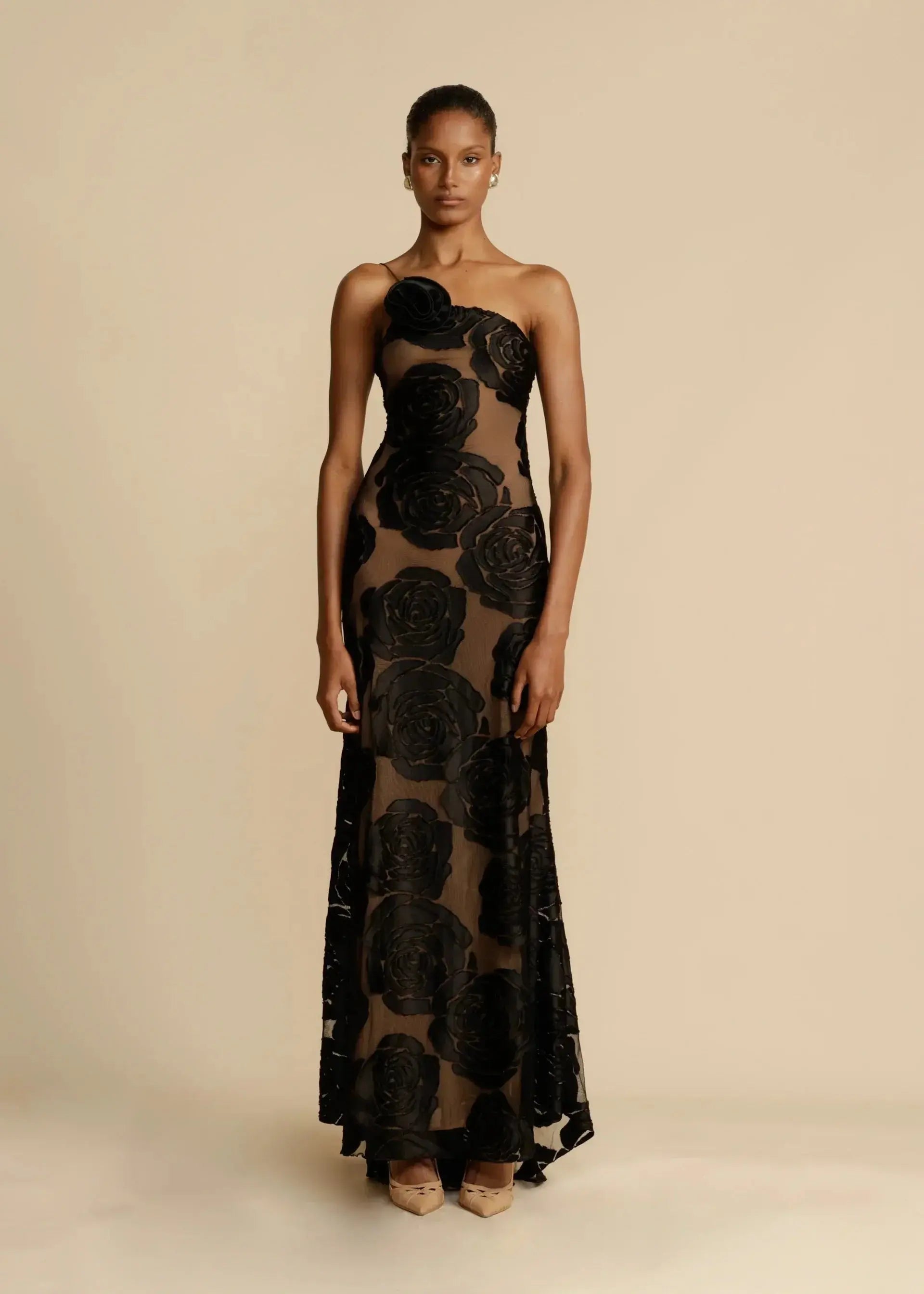 Women's Elegant One-Shoulder Maxi Dress - Floor-Length Fitted Formal Dress with Sheer Rose Detail
