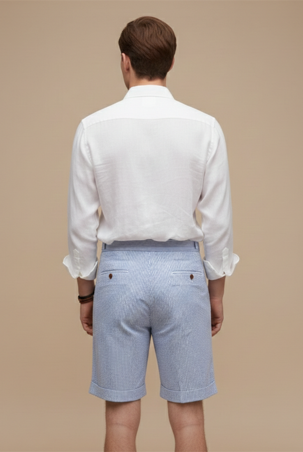 Men's Blue Seersucker Chino Shorts - High-Waist Striped Smart Casual Shorts with Pleat and Turn-Up Hem