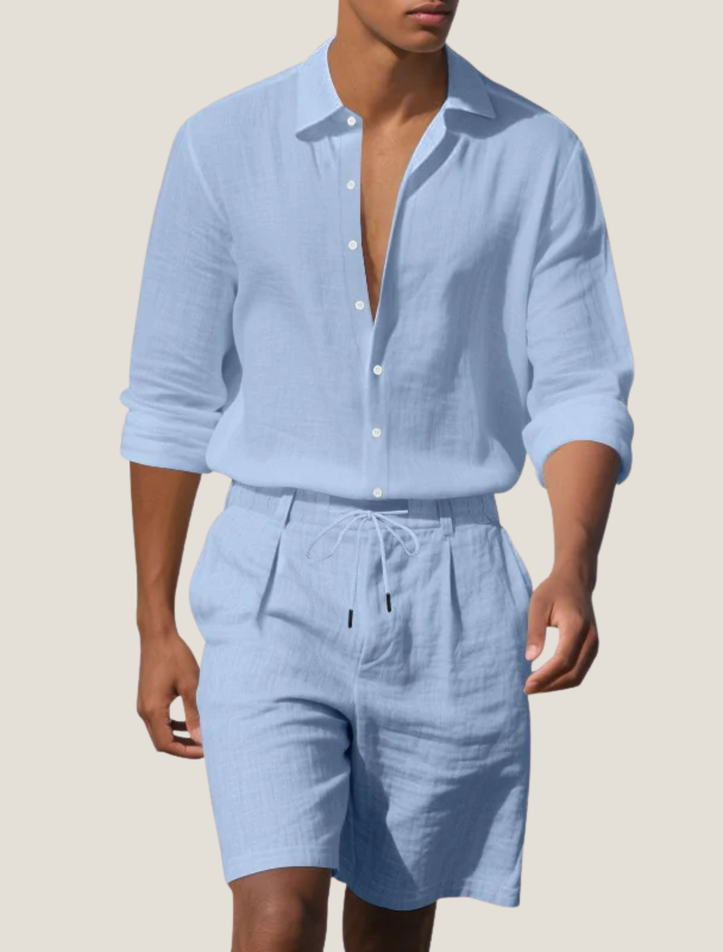 Men’s Linen Beach Two Piece Set with Long Sleeve Button Shirt and Drawstring Shorts