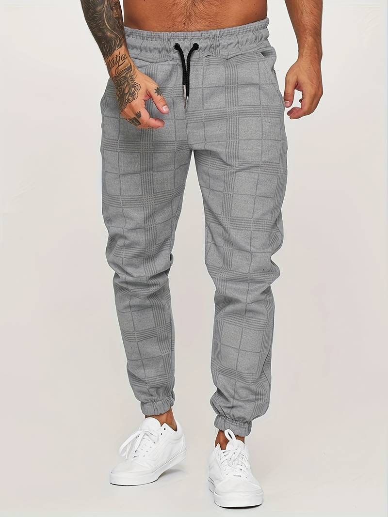 Men's Plaid Tapered Leg Jogger Trousers - Elasticated Drawstring Waist with Cuffs and Side Pockets