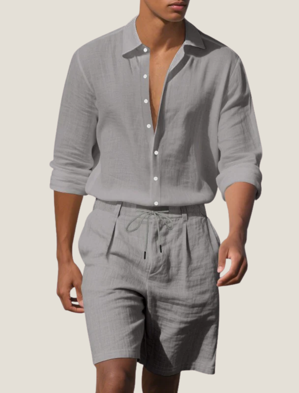 Men’s Linen Beach Two Piece Set with Long Sleeve Button Shirt and Drawstring Shorts