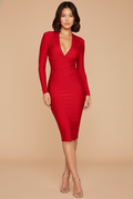 Women's Bodycon Midi Dress - Long Sleeve Deep V-Neck Wrap-Effect - Centre Back Zip - Evening Style