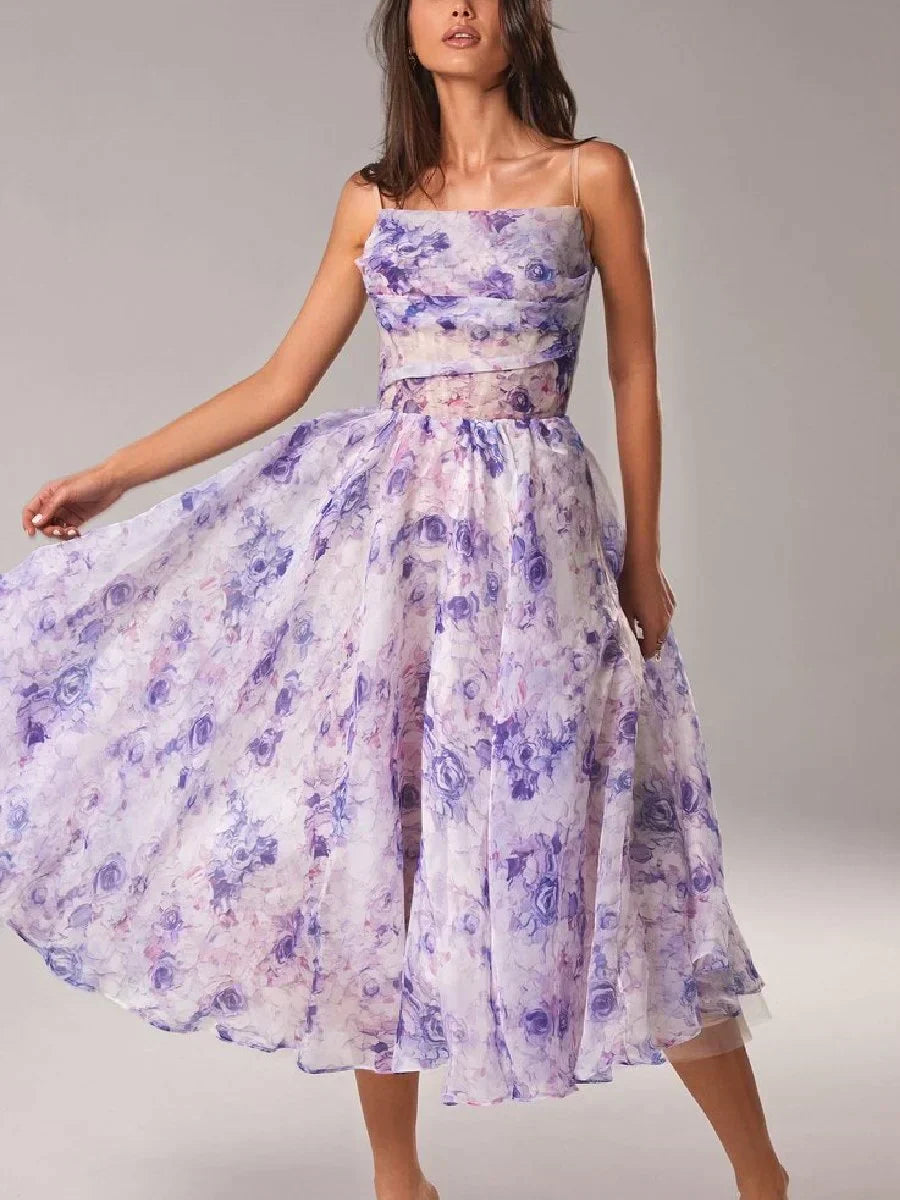 Women’s Floral Print Strapless Midi Dress with Full Skirt