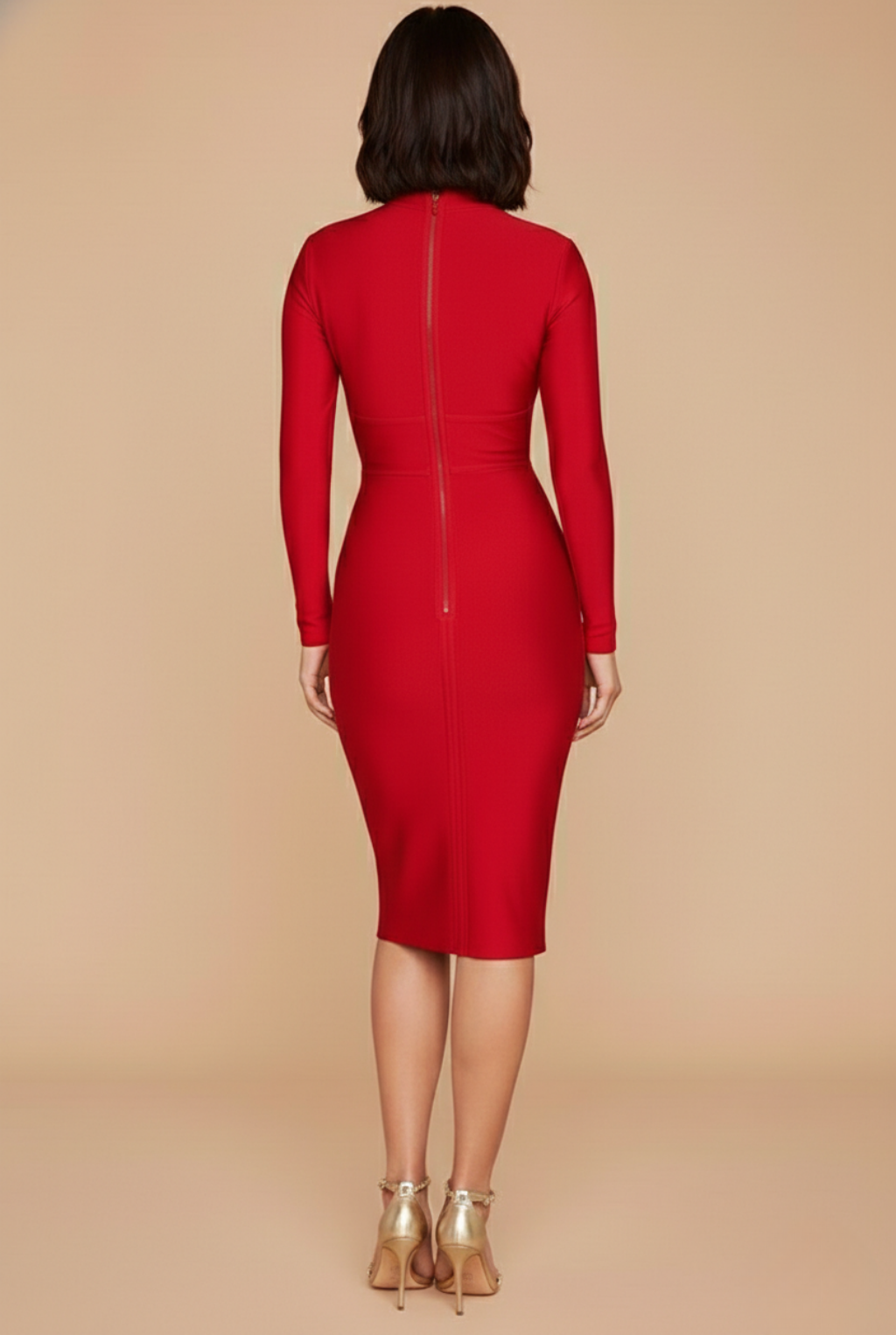 Women's Bodycon Midi Dress - Long Sleeve Deep V-Neck Wrap-Effect - Centre Back Zip - Evening Style