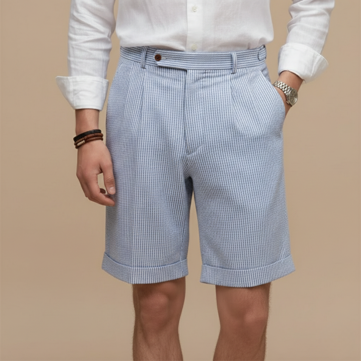 Men's Blue Seersucker Chino Shorts - High-Waist Striped Smart Casual Shorts with Pleat and Turn-Up Hem