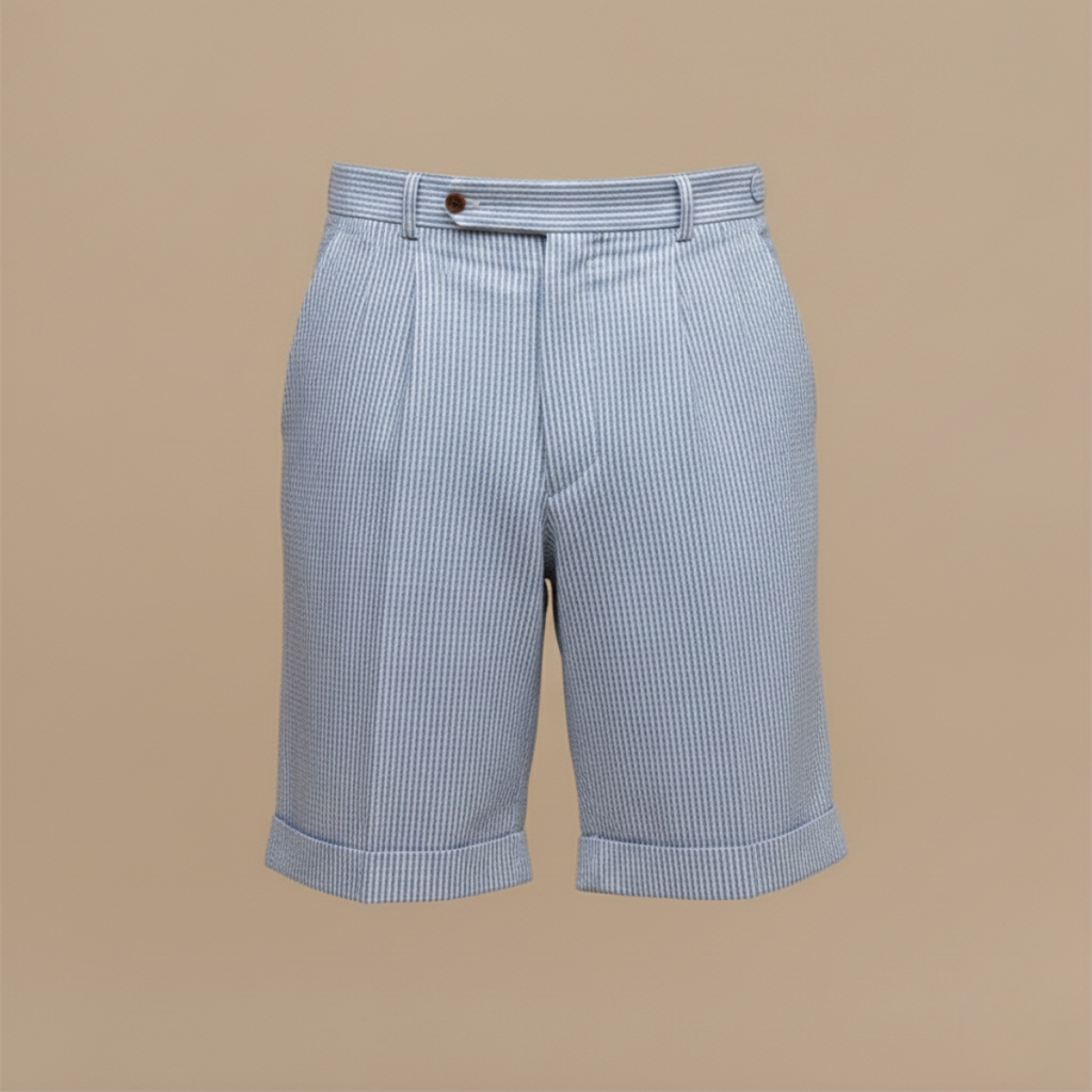 Men's Blue Seersucker Chino Shorts - High-Waist Striped Smart Casual Shorts with Pleat and Turn-Up Hem