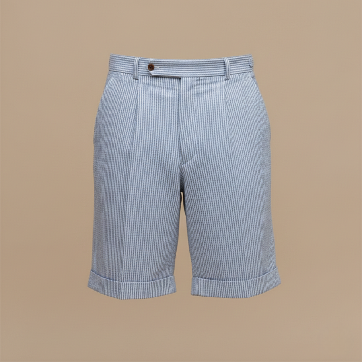 Men's Blue Seersucker Chino Shorts - High-Waist Striped Smart Casual Shorts with Pleat and Turn-Up Hem