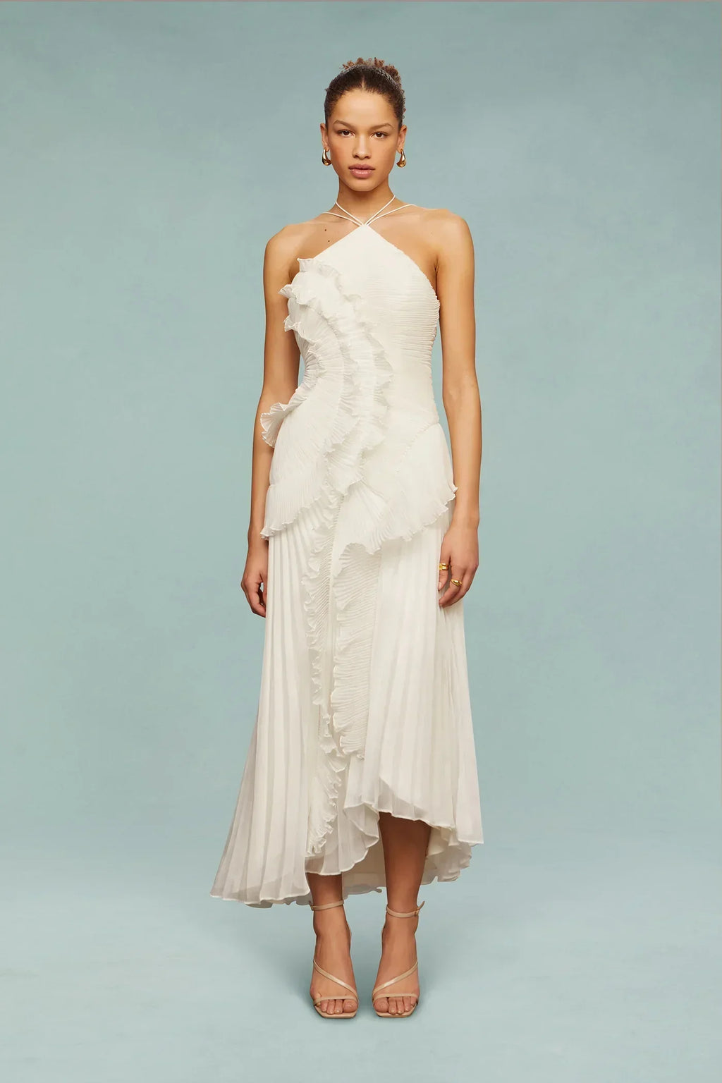 Women’s Halter Neck Ruffle Maxi Dress with Pleated Skirt