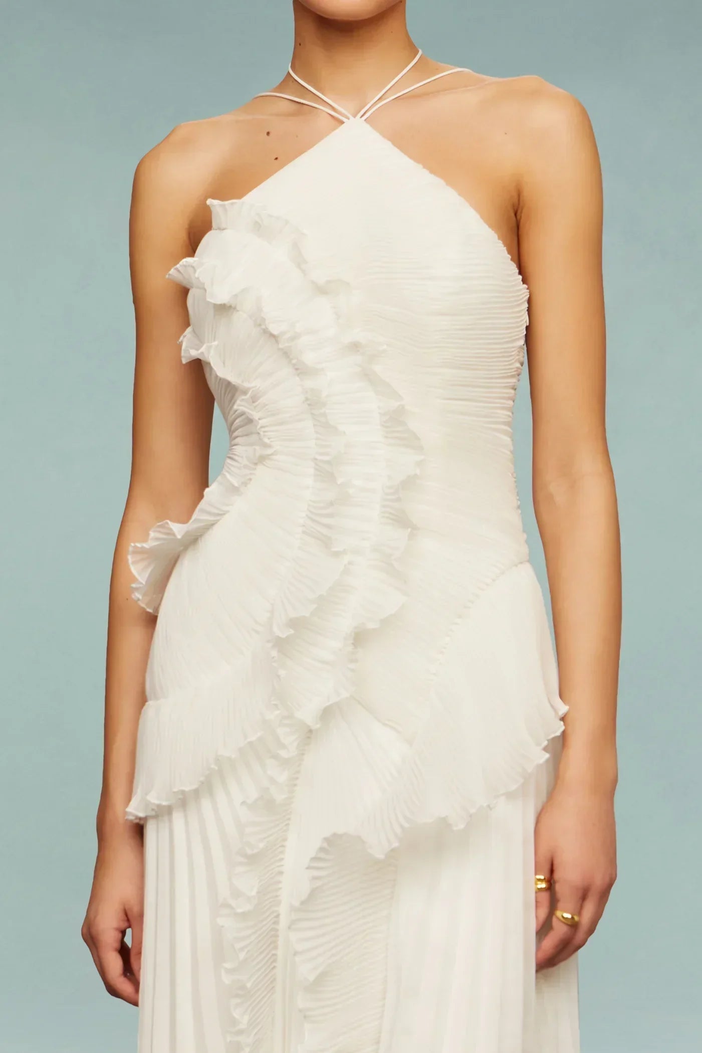 Women’s Halter Neck Ruffle Maxi Dress with Pleated Skirt