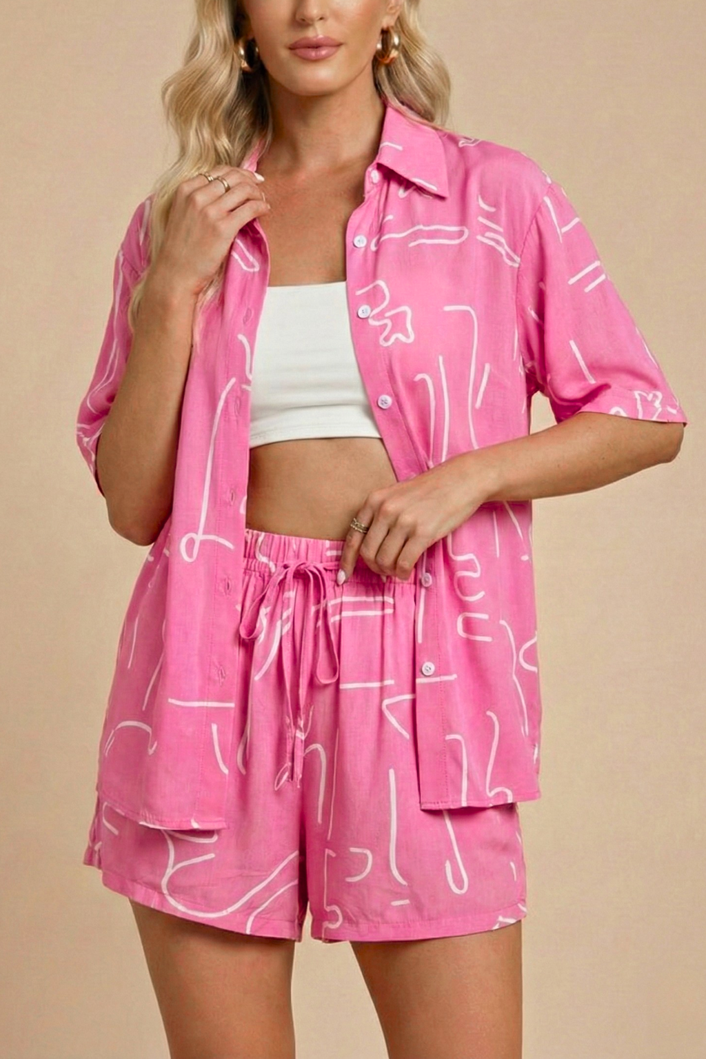 Women’s Printed Two-Piece Shirt and Shorts Set – Relaxed Summer Co-Ord