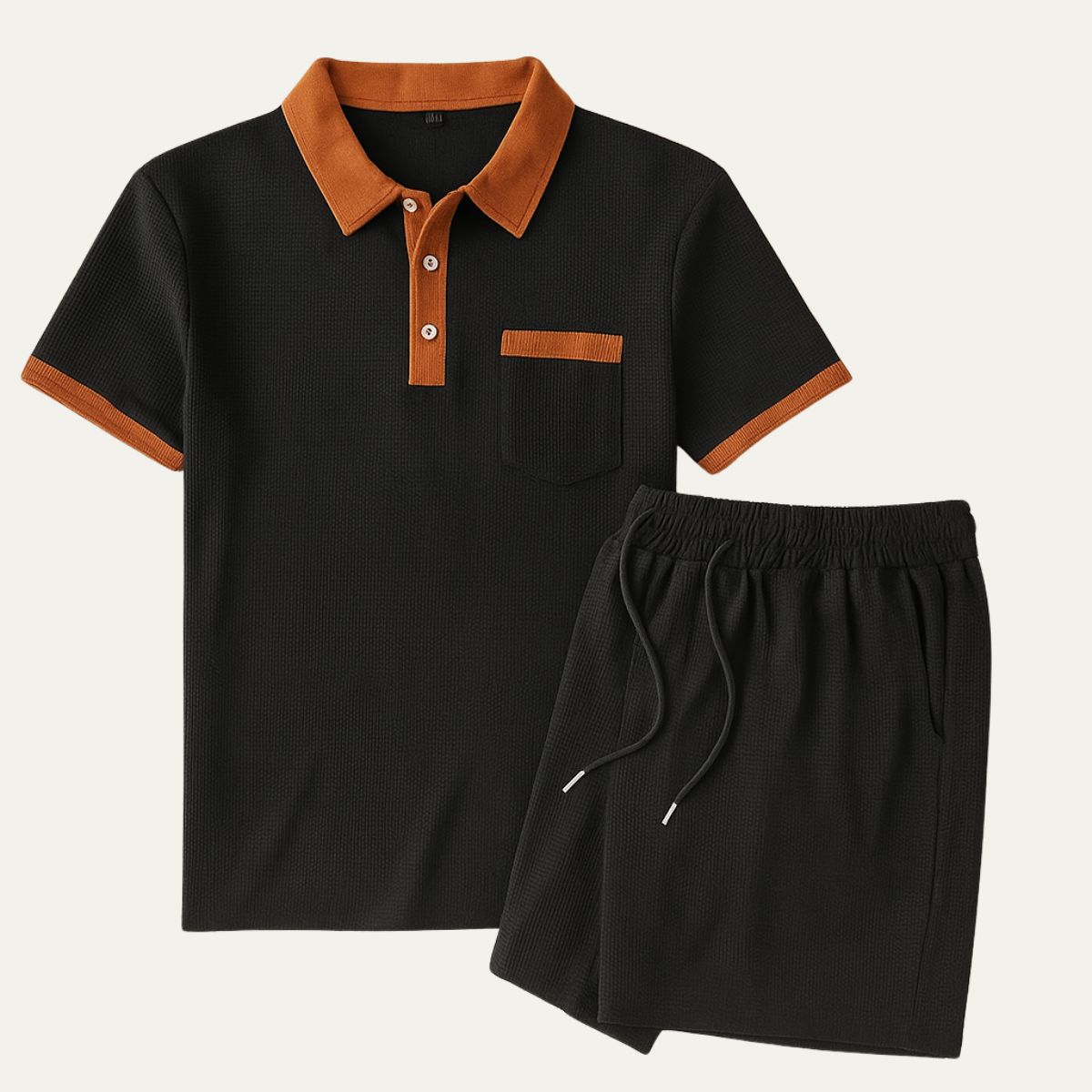 Men's Waffle Texture Short Set - Casual Summer Polo Shirt and Drawstring Shorts with Contrast Trim
