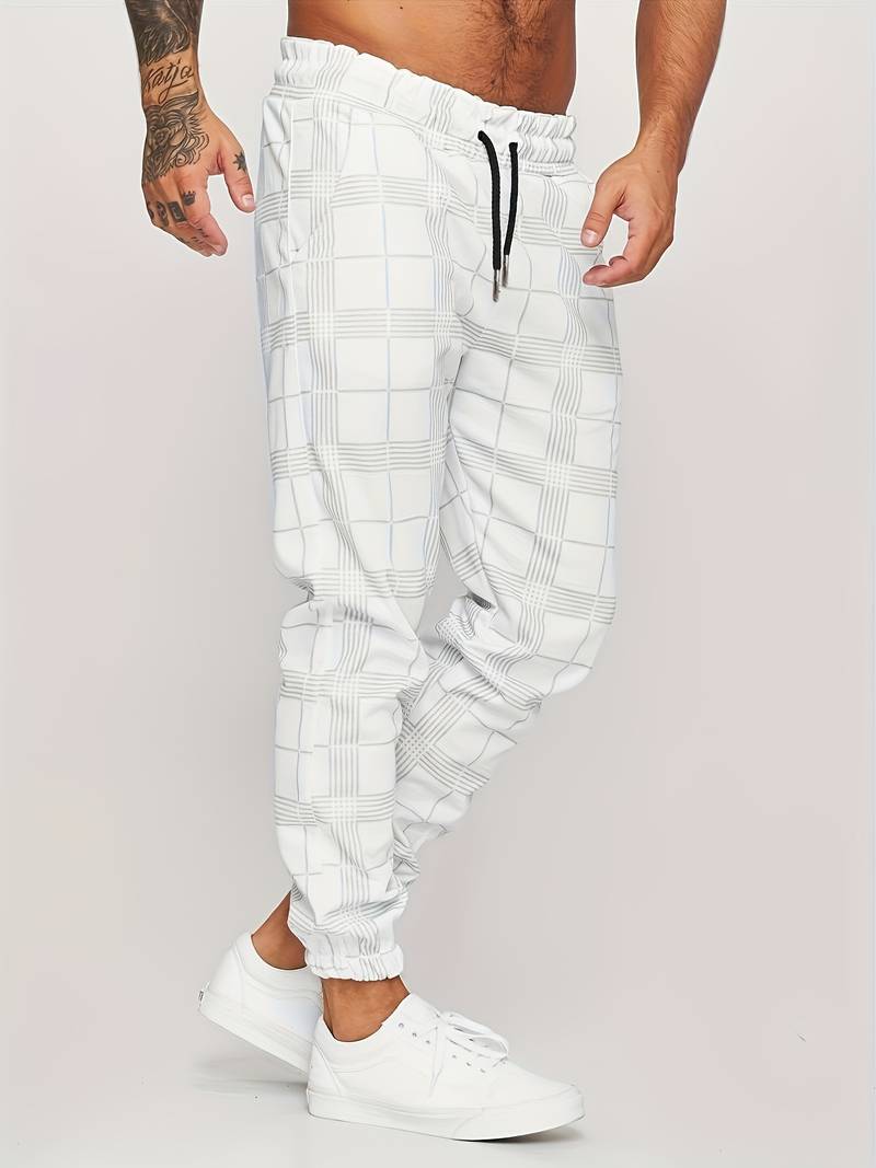 Men's Plaid Tapered Leg Jogger Trousers - Elasticated Drawstring Waist with Cuffs and Side Pockets