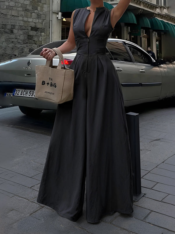 Women's Wide-Leg Jumpsuit - V-Neck Zip - Dressy Style