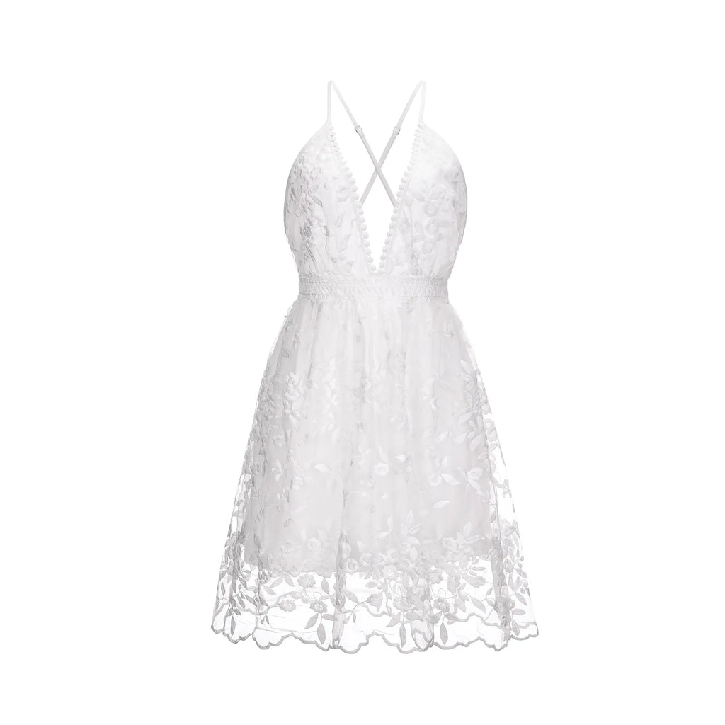 Women’s Sleeveless Deep V-Neck Mini Dress with Lace Overlay and Open Back