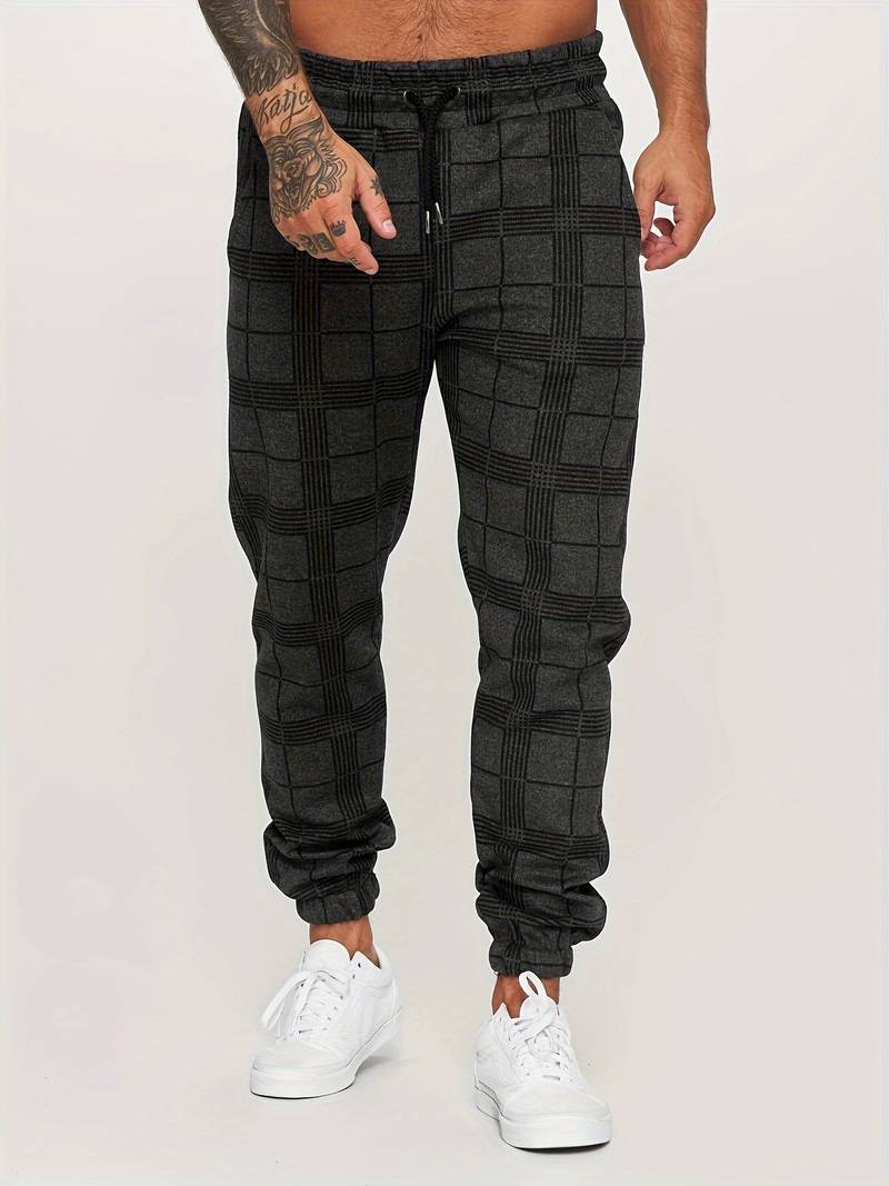 Men's Plaid Tapered Leg Jogger Trousers - Elasticated Drawstring Waist with Cuffs and Side Pockets