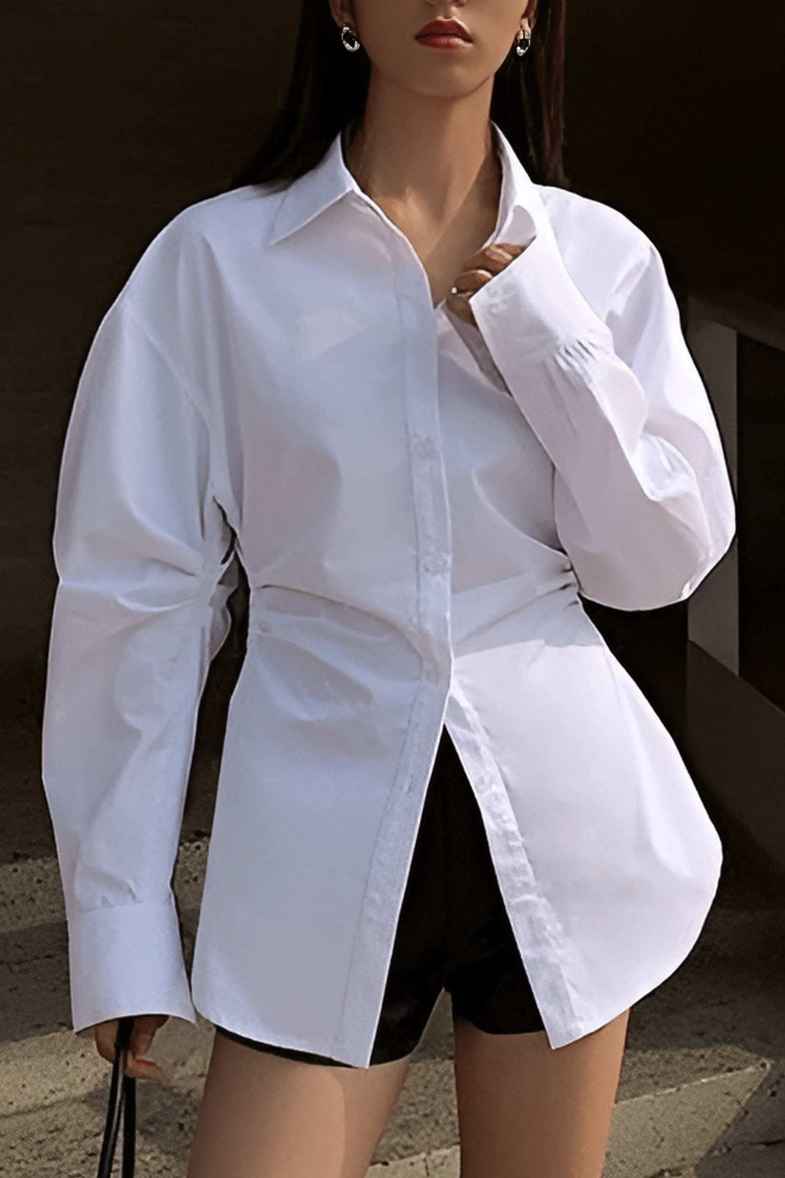 Women’s Tailored Long Sleeve Blouse with Defined Waist and Classic Collar
