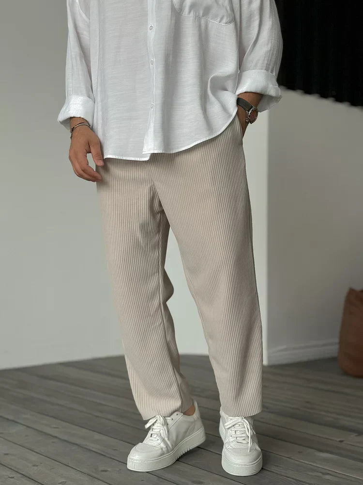 Men's Ribbed Straight-Leg Trousers - Relaxed Fit with Elasticated Waist and Pockets