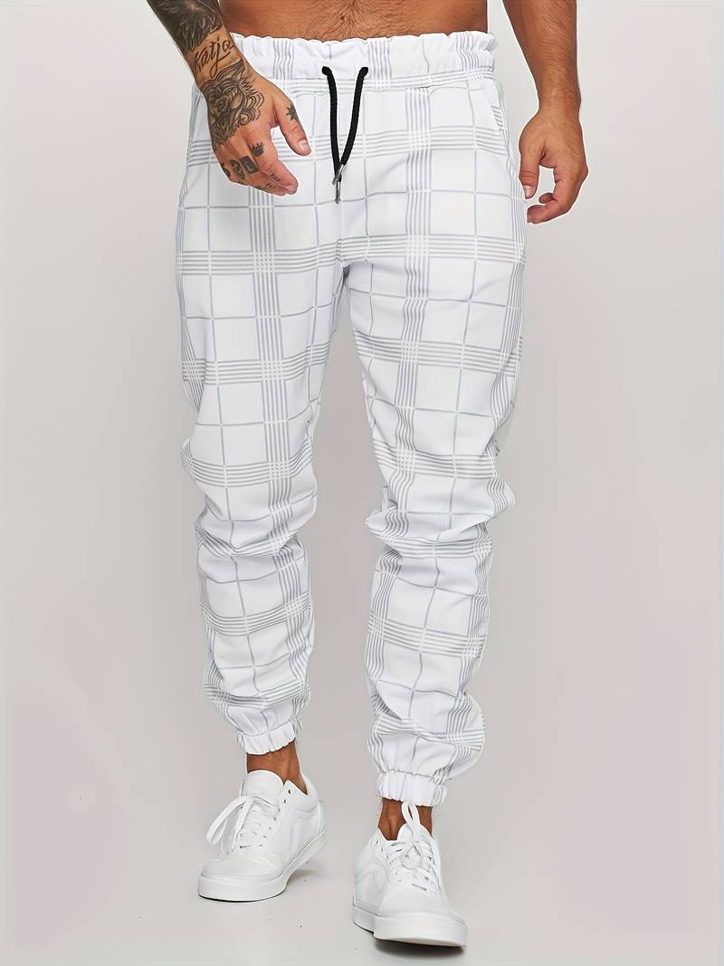Men's Plaid Tapered Leg Jogger Trousers - Elasticated Drawstring Waist with Cuffs and Side Pockets