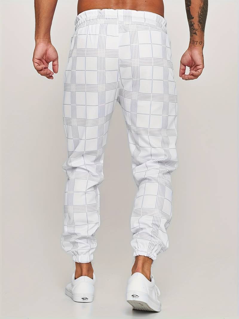 Men's Plaid Tapered Leg Jogger Trousers - Elasticated Drawstring Waist with Cuffs and Side Pockets