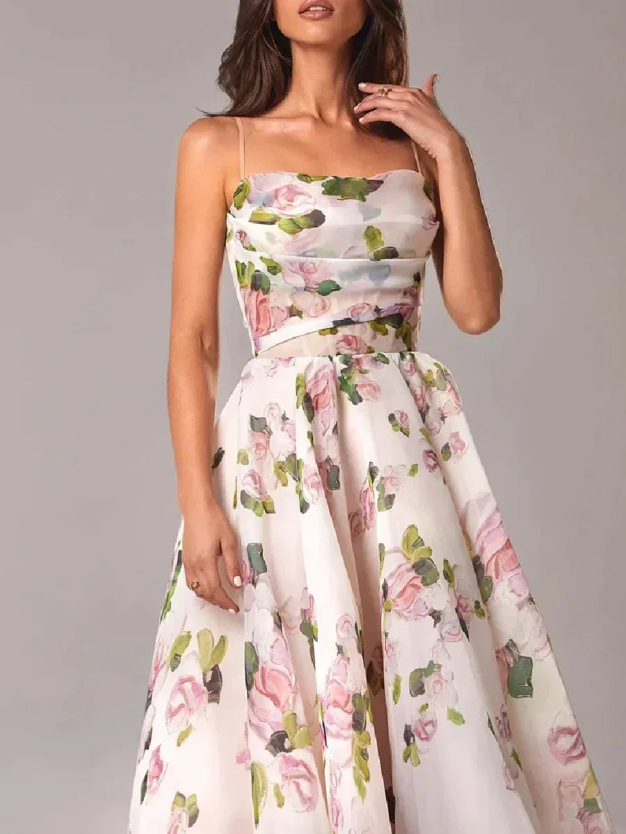 Women’s Floral Print Strapless Midi Dress with Full Skirt