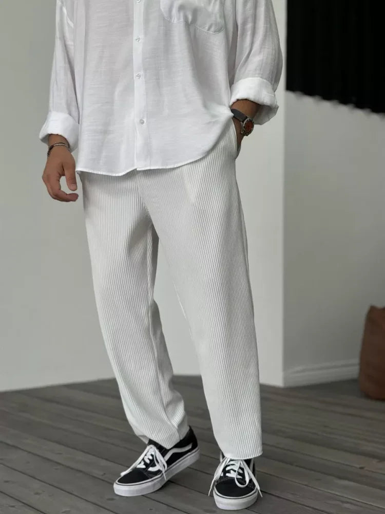Men's Ribbed Straight-Leg Trousers - Relaxed Fit with Elasticated Waist and Pockets