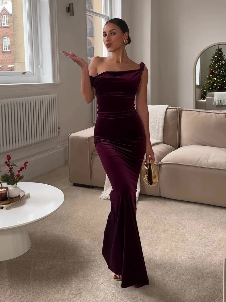 Women’s One Shoulder Ruched Maxi Dress with Fitted Silhouette