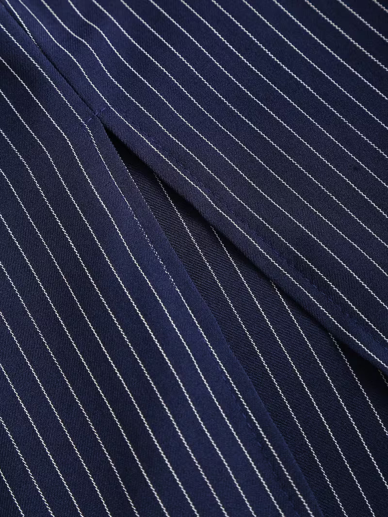 Women's Striped Midi Dress - Notched Lapel - Belted Pencil Cut