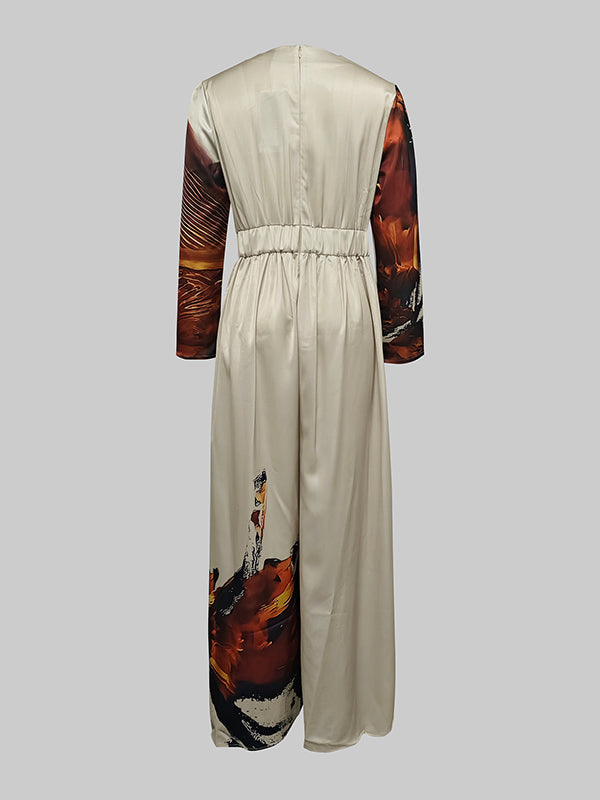 Women's Elegant Abstract Print Deep V-Neck Long Sleeve Wrap Bodice Wide-Leg Jumpsuit for Evening Occasions