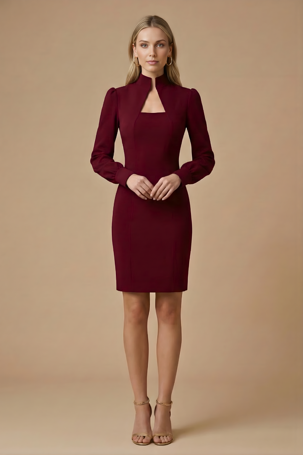 Women's Bodycon Mini Dress - High Neck Cutout - Puff Long Sleeve