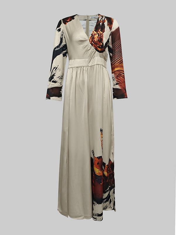 Women's Elegant Abstract Print Deep V-Neck Long Sleeve Wrap Bodice Wide-Leg Jumpsuit for Evening Occasions