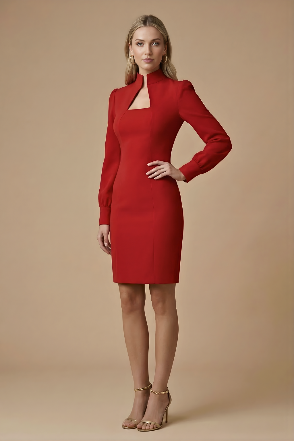 Women's Bodycon Mini Dress - High Neck Cutout - Puff Long Sleeve