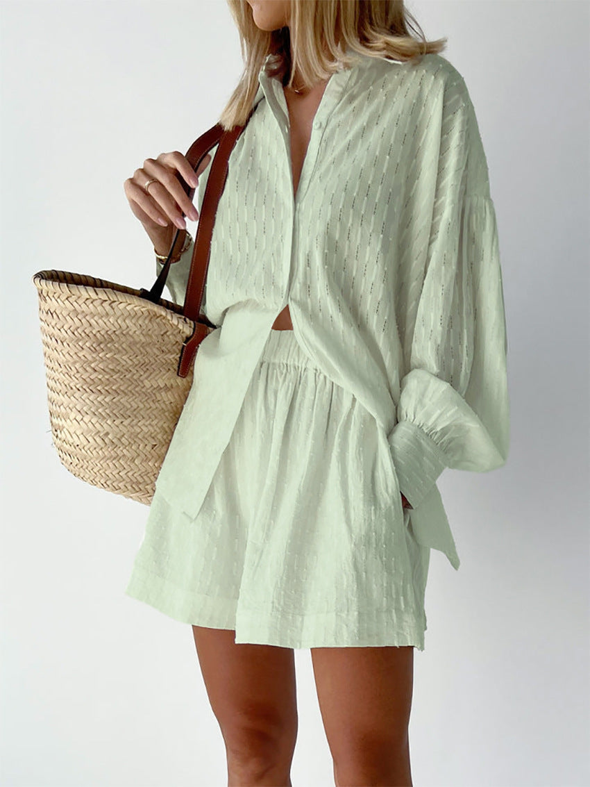 Women's Summer Set - Broderie Stripe Short Set - Oversized Long-Sleeve Shirt and Matching Shorts Casual Summer Outfit