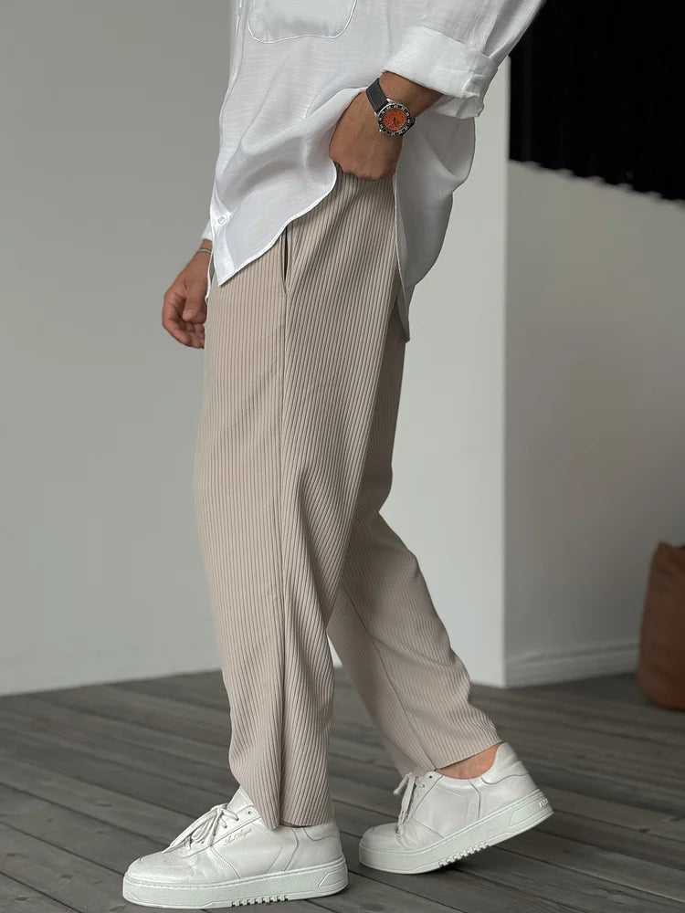 Men's Ribbed Straight-Leg Trousers - Relaxed Fit with Elasticated Waist and Pockets