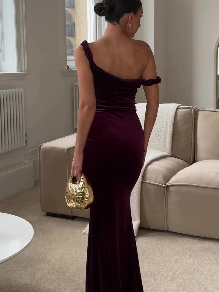 Women’s One Shoulder Ruched Maxi Dress with Fitted Silhouette