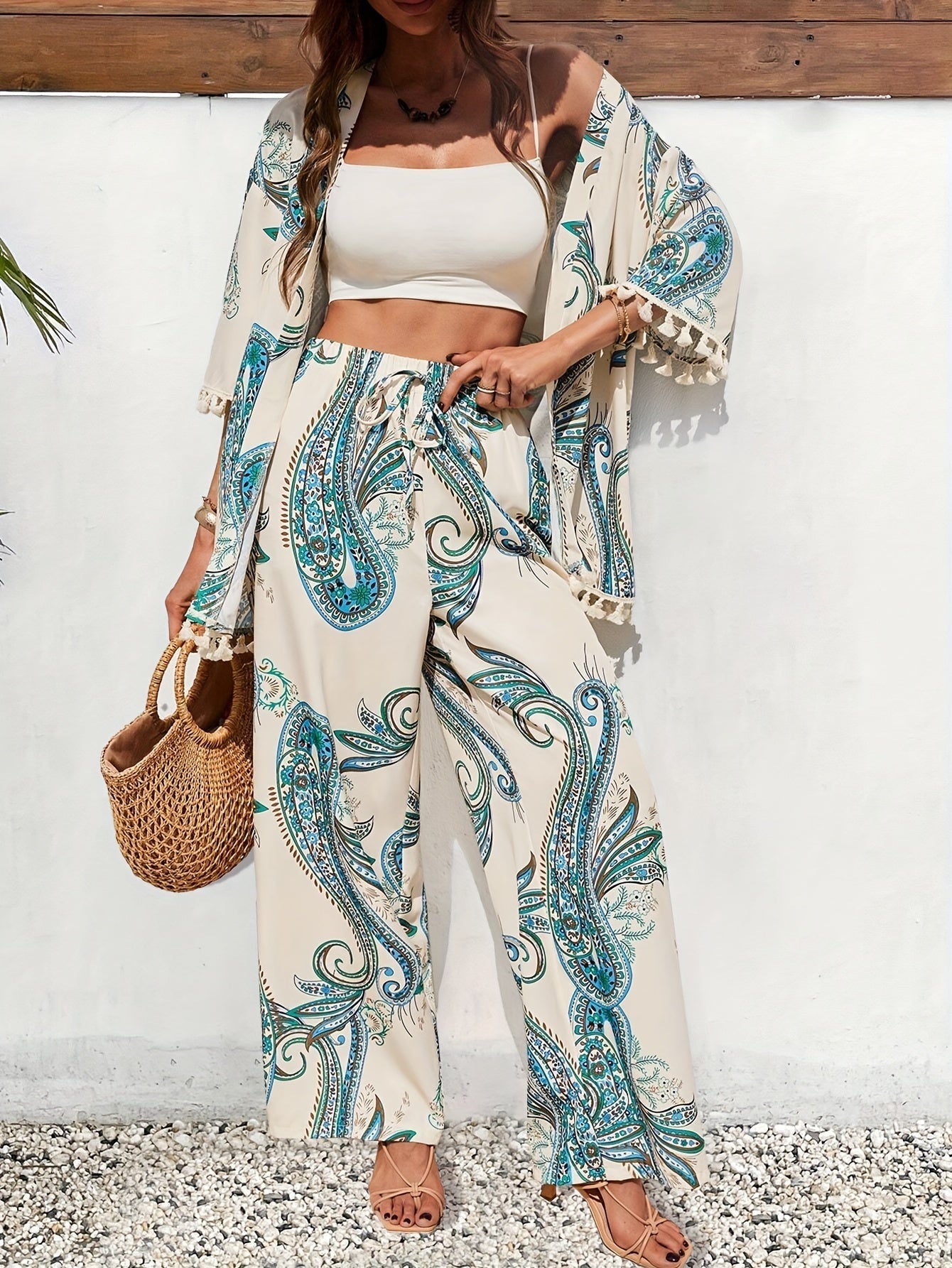 Women’s Paisley Print Three-Piece Set with Fringed Kimono and Wide Leg Trousers