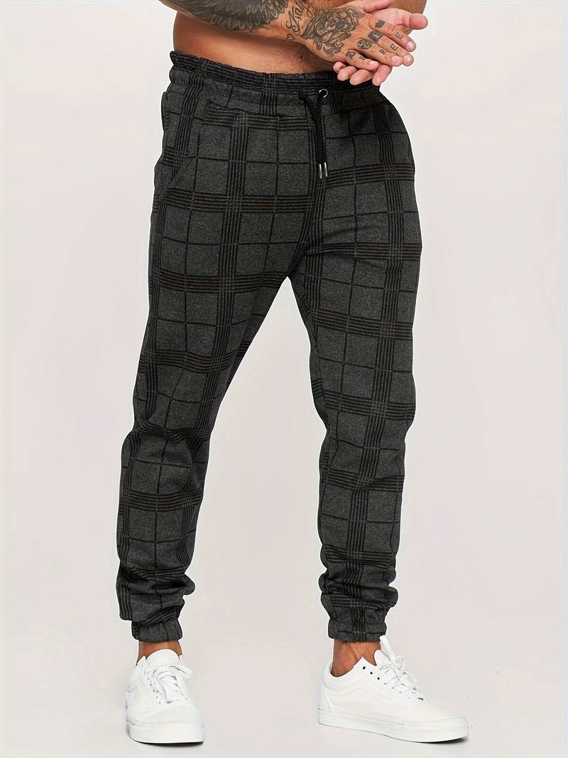 Men's Plaid Tapered Leg Jogger Trousers - Elasticated Drawstring Waist with Cuffs and Side Pockets